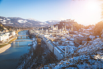 Panorama of Salzburg in winter: Snowy historical center