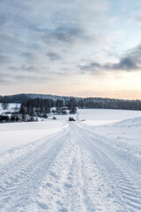 Fototapeta na wymiar Winter landscape, road after snowfall, clouds in the sky, north nature