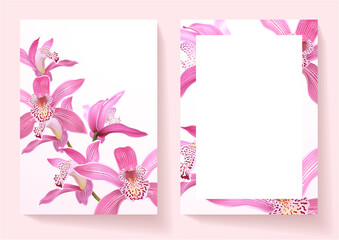Floral wedding invitation, frame page design set with pink asian orchid flower bouquet. Exotic...