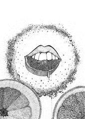 Monochrome picture by hand drawn technique with black ink on white paper. Conceptual line art show “Crazy Lemon” The sour is monochrome frame that designs different lines and shapes of sour fruits. 