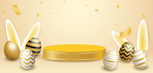 Happy easter theme product display podium. Golden easter egg on light gold background. Vector. illustration.