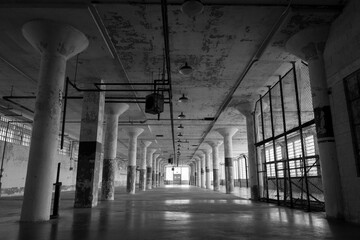 abandoned hall black and white