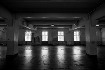 abandoned hall black and white