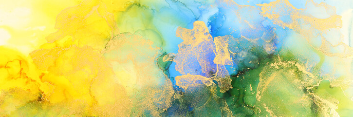 art photography of abstract fluid art painting with alcohol ink, blue, yellow and gold colors