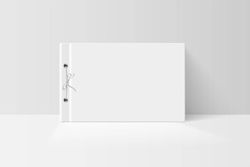 Booklet or notebook mock up. Blank white cover of book with paper bound by render and string vector illustration. Softcover of white catalog, album or journal design presentation