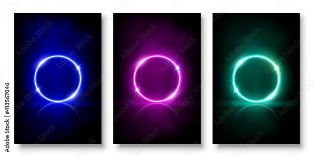 Poster glowing neon circles with sparkles in fog abstract background set. round electric light frames. geom