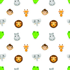 Safari Animals Face Emoji Pattern. Savannah Africa Head Seamless Background Symbols. Silhouette Clip Art Emoticon Vector.