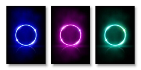 Glowing neon circles with sparkles in fog abstract background set. Round electric light frames. Geometric fashion design vector illustration. Empty minimal blue, pink, green rings art decoration