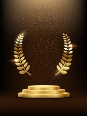 Golden podium with laurel glowing. Gold stage with glitter and light fog on dark background. Hollywood fame in film and cinema or championship in sport vector illustration