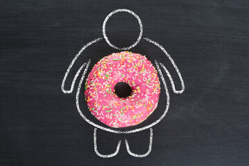 Unhealthy eating habits. Silhouette with overweight and donut as unhealthy eating concept