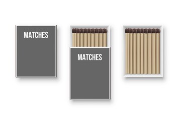 Matchboxes with matches set. Open box with heap of flammable matches, half open and closed. Kitchen house equipment vector illustration. Design of grey package on white background