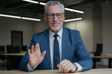 Smiling senior business coach having video call, salutation, talking to camera. Handsome emotional...