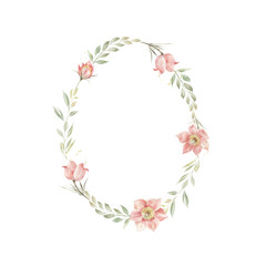 Floral frame spring flowers. Pastel colors watercolor illustration. Cute background for invitations, greeting card.