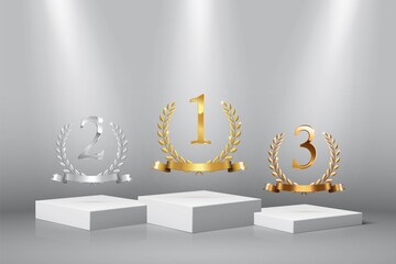 Podium for first, second, third place with laurel, number and ribbon. Gold, silver and bronze ranks on square stage on gray background. Championship in sport vector illustration - obrazy, fototapety, plakaty