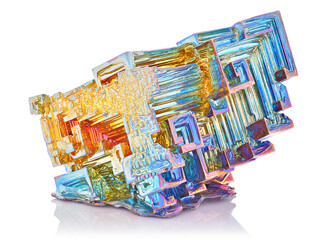 Amazing colorful rainbow blue gold Bismuth Gemstone macro closeup isolated on white background