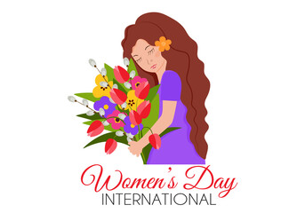 Woman with bouquet with flowers. International women's day. Vector illustration.