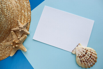 postcard mockup. straw hat, seashells and an envelope. congratulation. invitation 