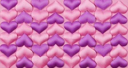 Pink and purple satin hearts in a pattern for Valentine Day