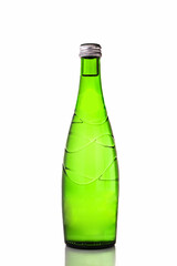 A small green water bottle, close-up isolated on a white background