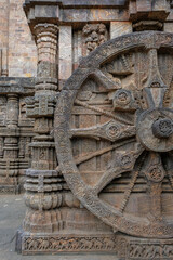 Detail of the Sun Temple was built in the 13th century and designed as a gigantic chariot of the Sun God, Surya, in Konark, Odisha, India.
