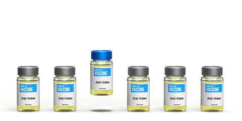 Coronavirus 2021 health concept: Six 3d rendered injection vials. Only one stands out with Covid-19 vaccine in competition on white background. Science and Pharma industry against pandemic. 