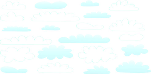 Clouds white and blue, vector set for composing flat children's pictures for cartoon. Natural material for collecting doodle style screensavers.