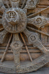 Detail of the Sun Temple was built in the 13th century and designed as a gigantic chariot of the Sun God, Surya, in Konark, Odisha, India.