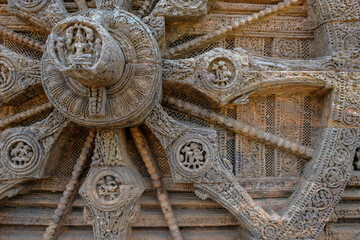 Detail of the Sun Temple was built in the 13th century and designed as a gigantic chariot of the Sun God, Surya, in Konark, Odisha, India.