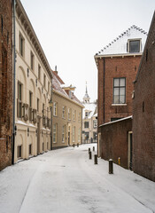 Street scene while snowing in the city center of Amersfoort, Netherlands
