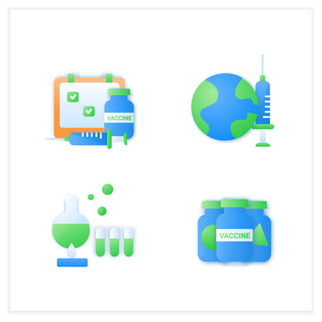 Coronavirus vaccine flat icons set. Health care, worldwide medicine. Consists of schedule, vaccine samples, production, world vaccination. Vaccination against Covid19 disease. 3d vector illustrations