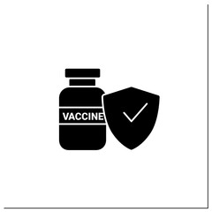 Safe vaccine glyph icon.Successfully trialed and approved vaccine. Cure search, vaccine development.Stop coronavirus pandemic.Covid-19 disease.Filled flat sign. Isolated silhouette vector illustration