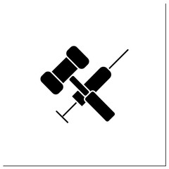 Vaccination law glyph icon. Stop mandatory vaccination. Judge gavel and syringe. Legal requirements of vaccine development. Covid-19 vaccine. Filled flat sign. Isolated silhouette vector illustration