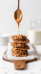 Morning Breakfast Energy Biscuit Cookies With Oats and Peanut Butter, Served with Dairy Milk - 413575481
