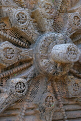 Detail of the Sun Temple was built in the 13th century and designed as a gigantic chariot of the Sun God, Surya, in Konark, Odisha, India.