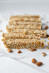 Vegan Energy Oat Bars With Apricot and Almonds, Flat Lay