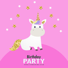 Birthday card with unicorn. Card for babies. Vector illustration