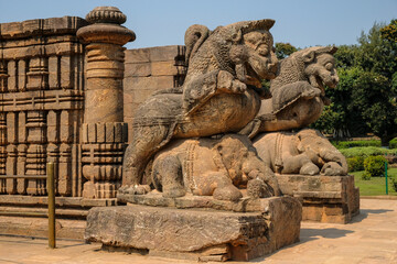 Fototapeta premium Detail of the Sun Temple was built in the 13th century and designed as a gigantic chariot of the Sun God, Surya, in Konark, Odisha, India.