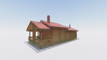 3d sketch of a wooden project of a log bath house with a terrace, a recreation room, chimneys, wide windows from the floor, a two-level roof.