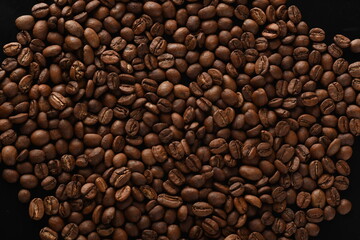 TOP VIEW: Close Up of Roasted coffee beans.
