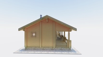 tiny house. 3d sketch of a wooden project of a log bath house with a terrace, a recreation room, chimneys, wide windows from the floor, a two-level roof.