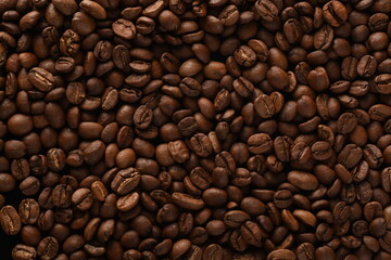 TOP VIEW: Close Up of Roasted coffee beans.
