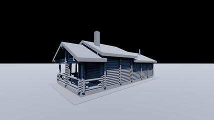 3d black-and-white sketch of a wooden project of a log bath house with a terrace, a recreation room, chimneys, wide windows from the floor, and a two-level roof. Normal map