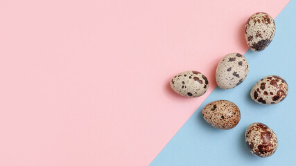 Decorative composition-quail eggs on a delicate pink-blue background. The concept of the Easter celebration, the diet of proper nutrition. Top view, flatly.