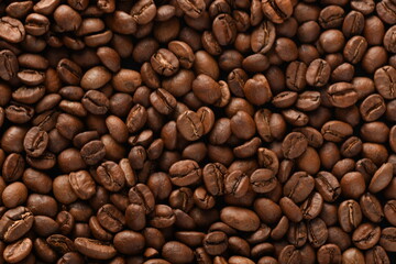 TOP VIEW: Close Up of Roasted coffee beans.
