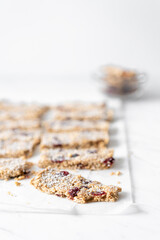Vegan Energy Oat Bars With Coconut, Rice Puffs and Dried Cranberries Fruits, Flat Lay
