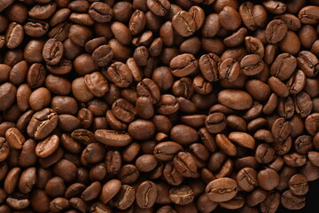 TOP VIEW: Close Up of Roasted coffee beans.
