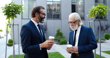 Caucasian senior males, business partners talking outdoors and sipping drink. Old rich successful businesmen discussing work outside the office, drinking coffee to-go in morning. Communication.