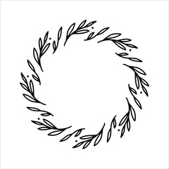 Vector hand drawn spring wreath isolated on white background. Outline circle of leaves. Doodle style. Floral frame.
