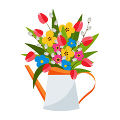 Colorful bouquet of spring flowers, tulips, pussy willow in pot. Vector illustration.