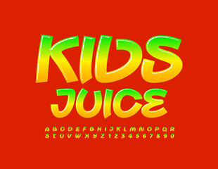 Vector colorful emblem Kids Juice. Playful Glossy Font. Bright Alphabet Letters and Numbers.